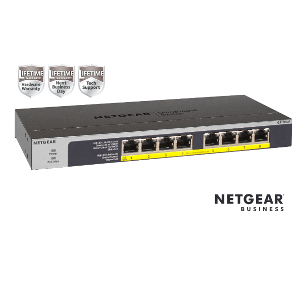 Netgear 8PT POE/POE+ GIGABIT UNMANAGED SWCH GS108LP-100EUS