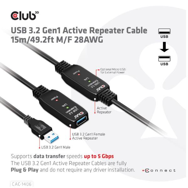 CLUB3D USB-A ACTIVE REPEAT. CABLE 15M CAC-1406