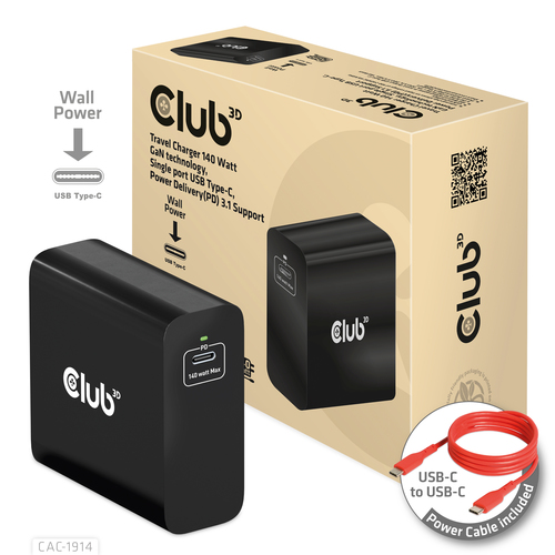 CLUB 3D TRAVEL CHARGER 140 WATT GaN TECHNOLOGY SINGLE PORT USB TYPE-C POWER DELIVERY(PD) 3.1 SUPPORT CAC-1914EU