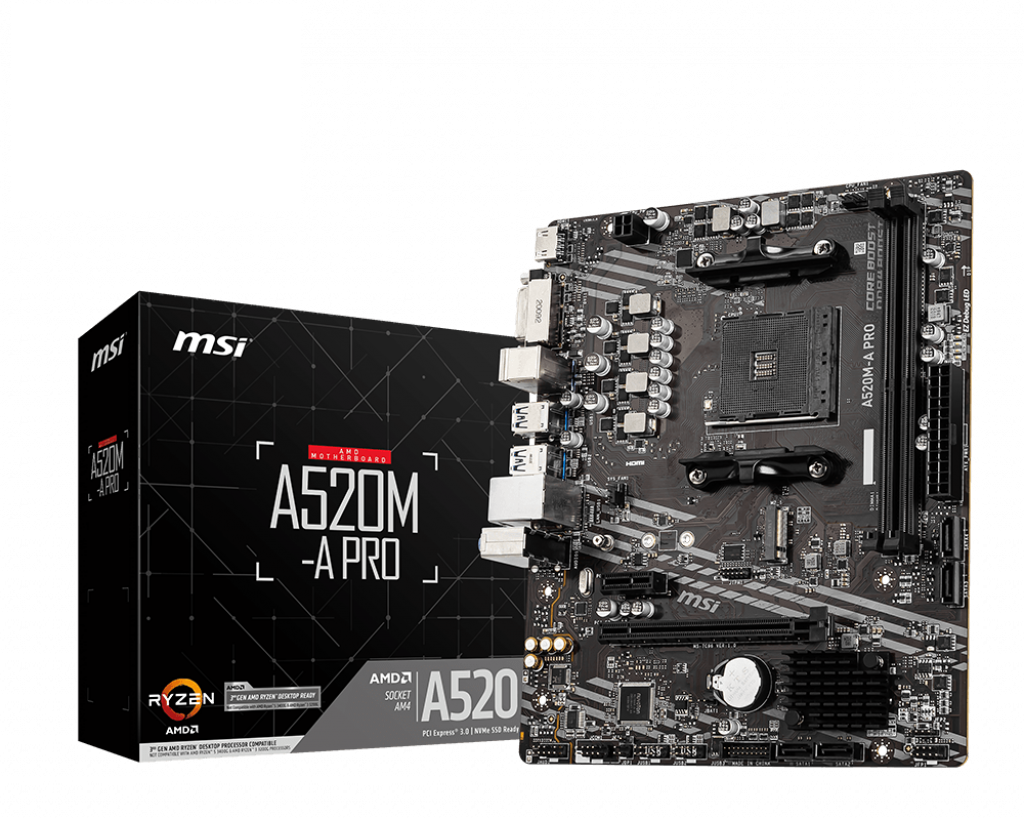 MSI MB AMD A520, A520M-A PRO AM4 2DDR4 11PCI-Ex16, 1M2, 4SATA3, 6USB3 A520M-A PRO