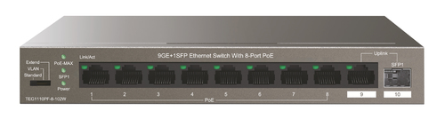 TENDA SWITCH POE UNMANAGED 10 PORT, 8 POE TEG1110PF-8-102W