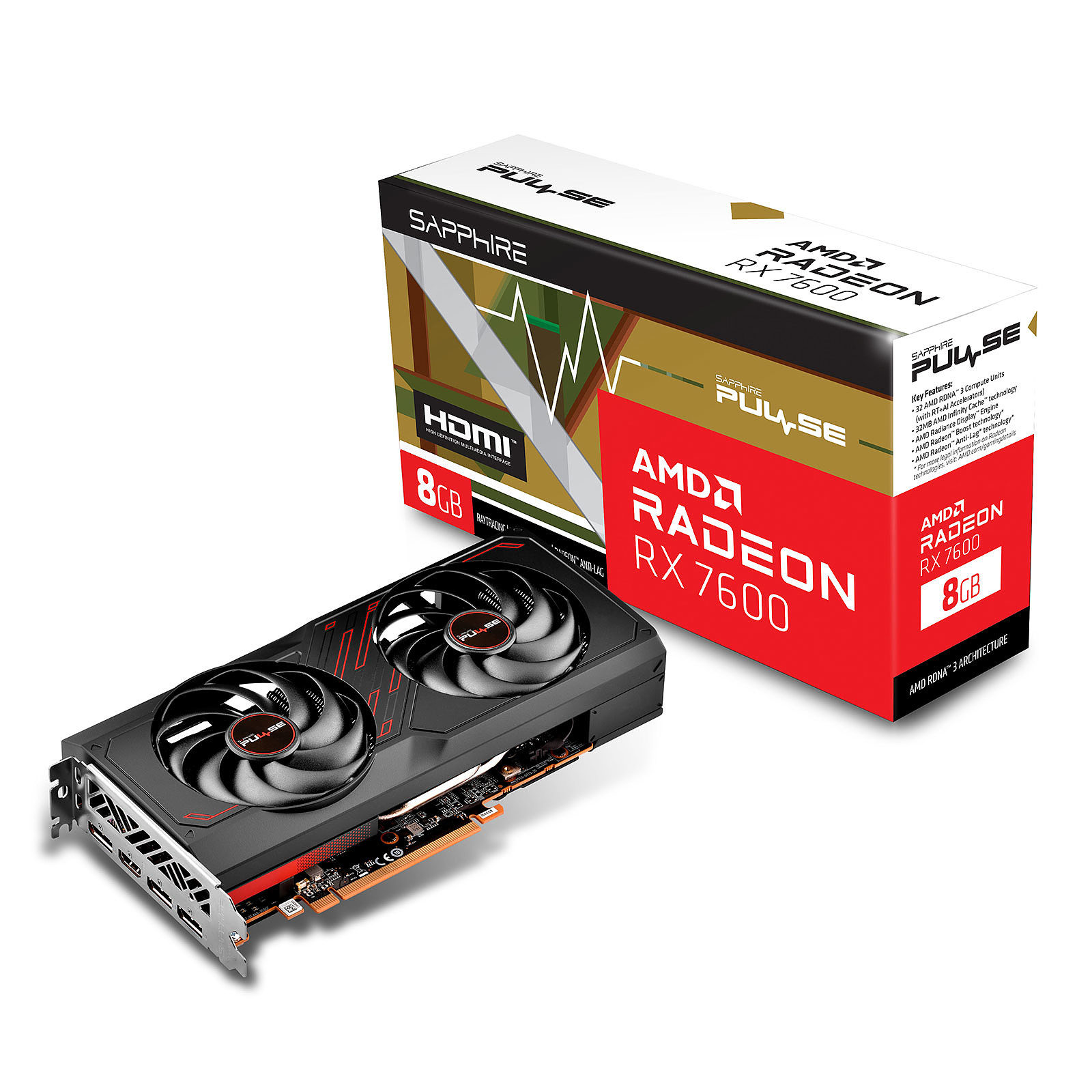 SAPPHIRE VGA RADEON RX 7600, PULSE RX 7600 GAMING, 8GB GDDR6, HDMI / TRIPLE DP 11324-01-20G