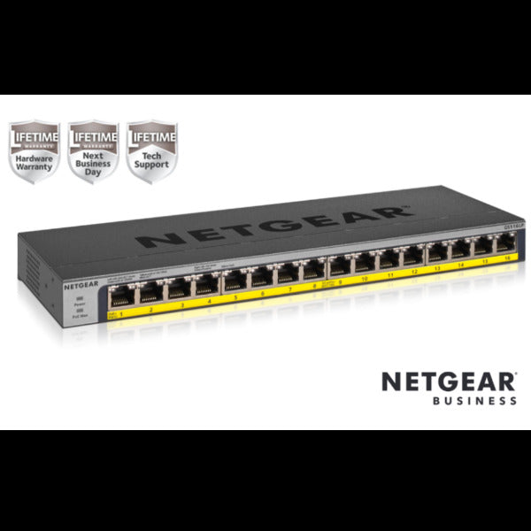 Netgear 16PT POE/POE+GIGABIT UNMANAGED SWCH GS116LP-100EUS