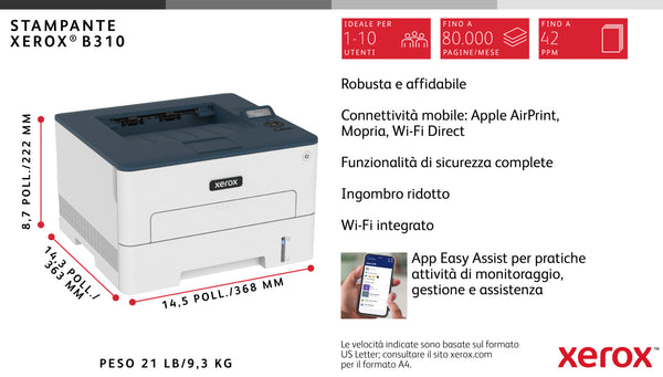 Xerox B310 A4 40 ppm Stampante fronte/retro wireless PS3 PCL5e/6 2 vassoi Totale 350 fogli