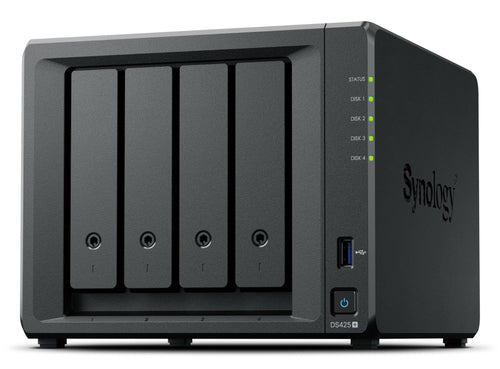 SYNOLOGY NAS TOWER 4X SATA, 2X NVME, MAX 40 CAM, CELERON J4125, 2GB RAM, 2.5GBE, USB 3.2, 2 LICENZE DS425+