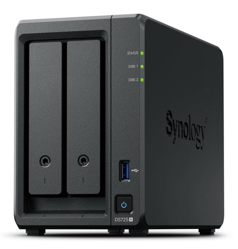 SYNOLOGY NAS TOWER 2X SATA, 2X NVME, MAX 40 CAM, RYZEN R1600, 4GB ECC, 2.5GBE, USB, ESATA, 2 LICENZE DS725+