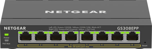 NETGEAR 8-Port Gigabit Ethernet High-Power PoE+ Plus Switch (GS308EPP) Gestito L2/L3 Gigabit Ethernet (10/100/1000) Supporto Power over Ethernet (PoE) Nero