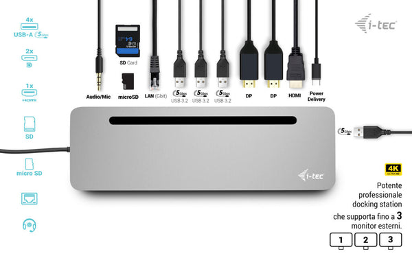 i-tec USB-C Metal Ergonomic 3x 4K Display Docking Station + Power Delivery 100 W