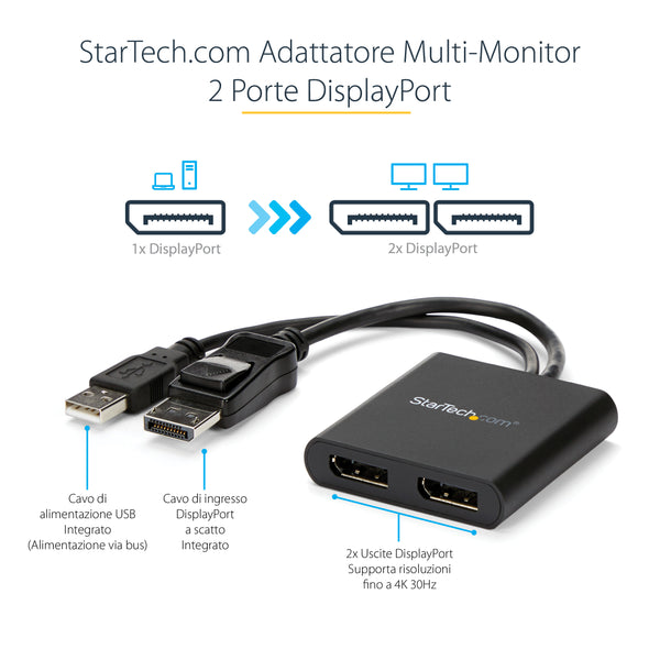 StarTech.com Hub MST DisplayPort a 2 Porte - Adattatore Multi-Monitor DP 1.2 - Sdoppiatore\Splitter Video DisplayPort 4K 30Hz o 1080p 60Hz per Doppio Monitor - Alimentazione via bus USB - Solo Windows